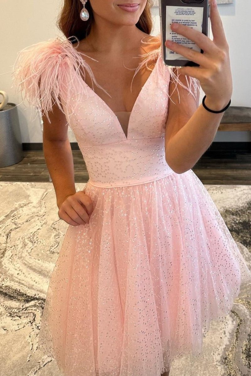 Catherine |A-line Deep V Neck Tulle Homecoming Dress with Feathers