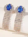 Green Teardrop Rhinestones Tassel Long Earrings(Blue,ONE SIZE)