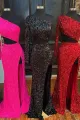 Sheath One Shoulder Red Sequins Long Prom Dress with Silt(Black,2)