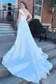 White V-Neck High-Waist A-Line Long Wedding Dress(Diamond White,2)