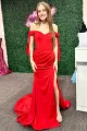 Pamela | Red Off-the-Shoulder Bow Sleeve Mermaid Long Prom Dress with Slit