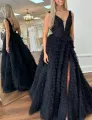 Yellow Plunge V Ruffle Tiered Long Prom Dress with Slit(Black,2)