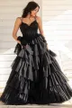 Tiered Ruffle Appliques Corset Long Prom Dress with Spaghetti Straps(Black,2)