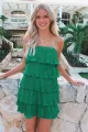 Poppy | Green Spaghetti Strap Ruffle Tiered Pleated Party Dress