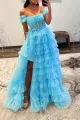 Adalynn | Royal Blue Off the Shoulder Ruffle Tiered Tulle Long Prom Dresses with Slit(Blue,2)