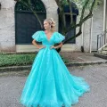 Orange Plunge V Ruffled Sleeve A-Line Long Formal Dress
