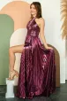 Peacock Blue Halter Neck A-Line Long Prom Dress With Split(Candy Pink,2)