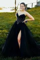 Strapless Beaded Ball Gown with Slit in Hot Pink(Black,2)