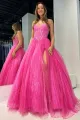 Strapless Beaded Ball Gown with Slit in Hot Pink
