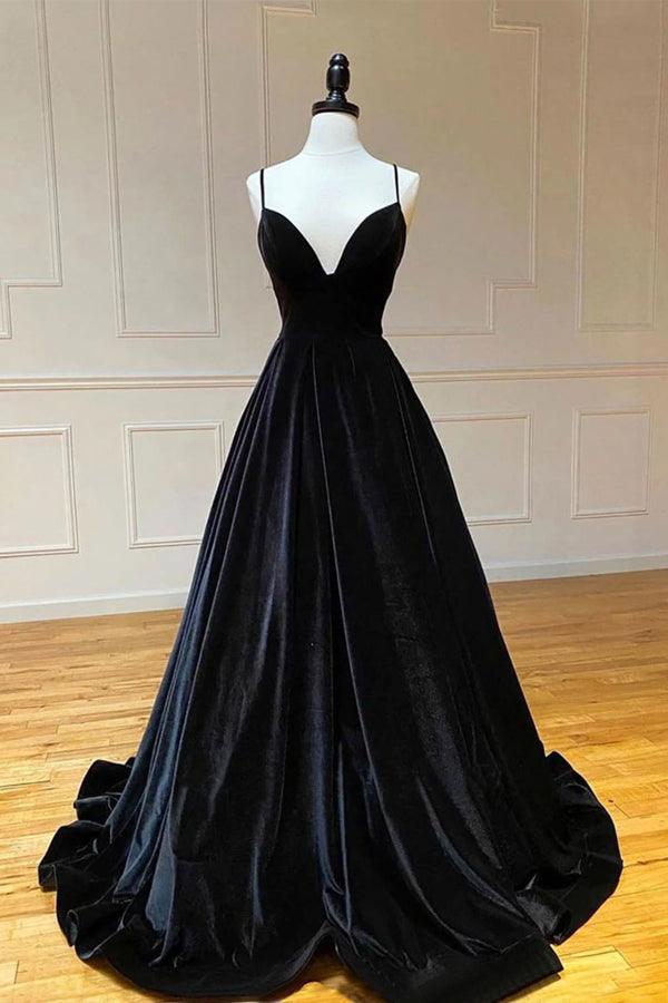 Oaklee | Simple Black Velvet Long Prom Dress. Black Evening Dress