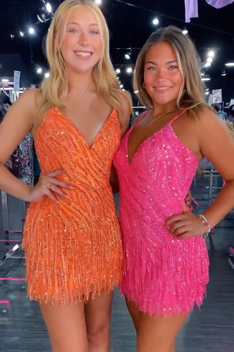 Salona | Sparkly V Neck Fuchsia Sequins Short Tight Homecoming Dresses