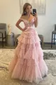 Princess A Line Off the Shoulder Light Pink Long Prom Dress with Ruffles