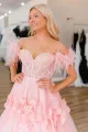 CALI |PRINCESS A-LINE OFF THE SHOULDER LACE TULLE PROM DRESS(Pink,2)