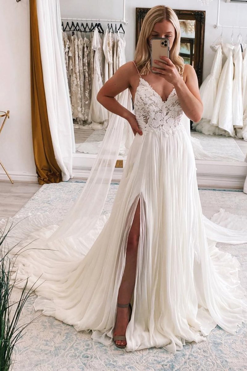 Zoya | Ivory A-Line Watteau Train Boho Long Chiffon Wedding Dress with Lace