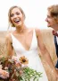 A Line Sleeveless Chiffon Deep V Neck Simple Long Beach Wedding Dress(Diamond White,2)