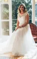 A-Line Scoop Neck Short Sleeve Tulle Low-V Back Waist Jewellery Wedding Dress(Diamond White,2)