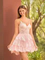 Reana | A-Line Pink Sequins Tiered V-Neck Short Homecoming Dress(Pink,2)