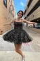 A-Line Spaghetti Straps Lace up Short Black Tulle Above Knee Homecoming Dresses(Black,2)
