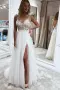 A Line V Neck Straps Tulle Split Wedding Dress/Bridal Gown with Lace