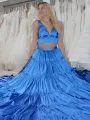 Aloe |  A-Line Yellow V-Neck Ruffle Taffeta Two Piece Prom Dress(Blue,2)