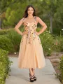 Amabel | 3D Flower Tulle Ankle Length Prom Dresses(Champagne,2)