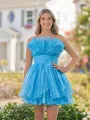 Amaia | Blue A-Line Strapless Pleated Short Tiered Homecoming Dress(Sky Blue,2)