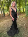 Anwea | Plunge Blue Satin Ruched Mermaid Prom Dress(Black,2)