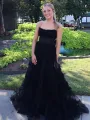 Arcanae | Black Strapless Tulle A Line Lone Prom Dress