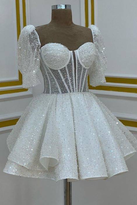 Arlise | Sweetheart White Sequin Short Homecoming Dress With Puff Sleeves
