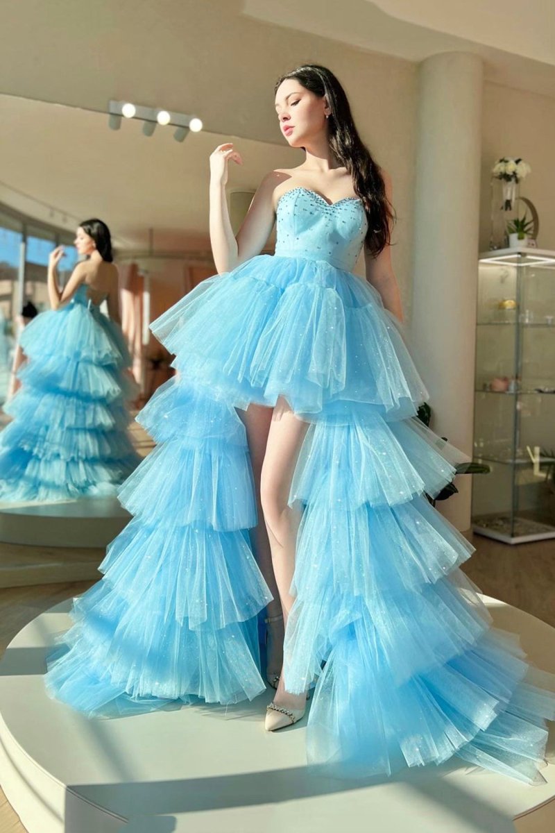 Aleena | Blue Sweetheart Neck Tulle Long Prom Dress. Beautiful A-Line High Low Party Dress