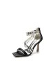 Beaded Square Open Toe Ankle Strap Satin Stiletto Heels(Black,US6)