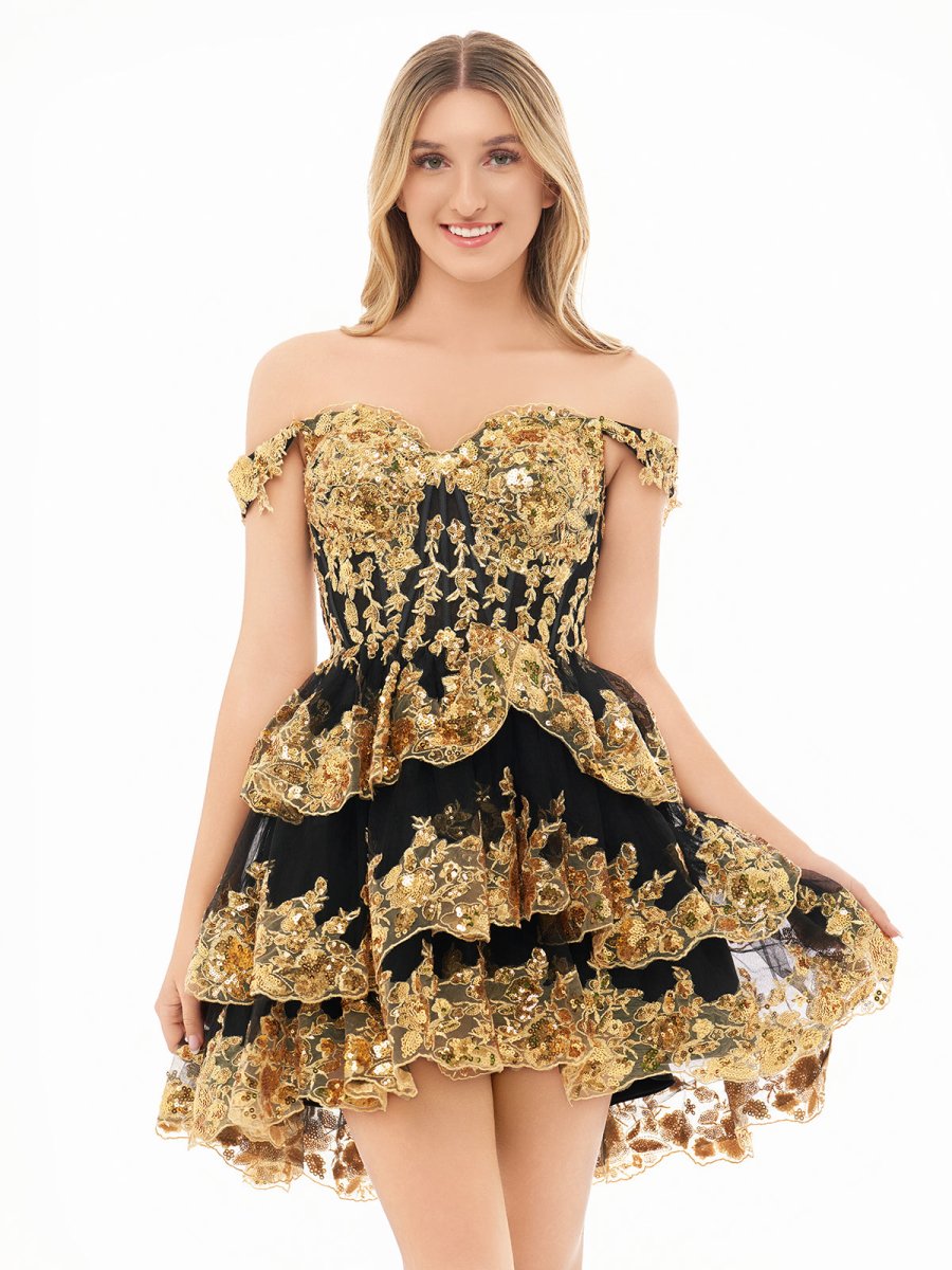 Ronda | Gold Off the Shoulder Applique Ruffle Homecoming Dress