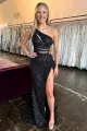 Saoirse | Lilac One Shoulder Cut-Out Mermaid Sequins Slit Long Prom Dress(Black,2)