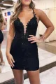 Black Spaghetti Straps Cross Back Beading Short Homecoming Dress