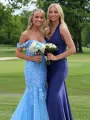 Blue Off the Shoulder Tulle Mermaid Prom Dresses with Appliques(Blue,2)