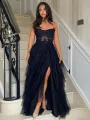 Adella | A-Line Tulle Blush Tiered Long Corset Strapless Prom Dress with Appliques(Black,2)