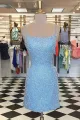 Bodycon Green Sequins Spaghetti Straps Short Homecoming Dress with Criss Cross Back(Blue,2)