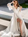 Boho A-Line White V Neck Long Sleeve Wedding Dress