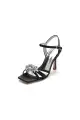 Buckle Strap Crystal Flowers Square Open Toe Chunky Heels(Black,US6)