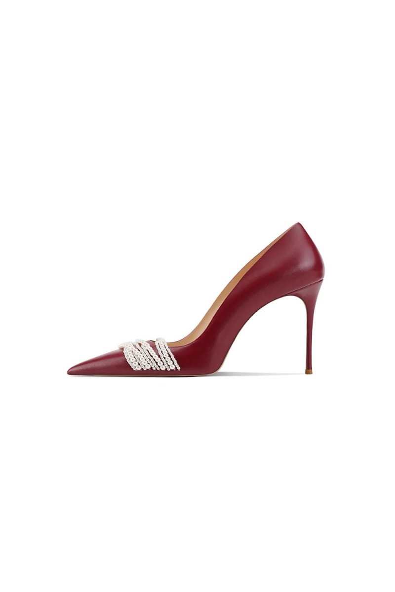 Burgundy Leather Upper Pearl Mid Heel Pumps