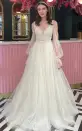 Casual A Line Scalloped Tulle Sweep Train Wedding Dress with Appliques(Diamond White,2)