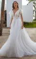 Casual Beach A-Line Tulle Wedding Dress With V-neck And Low-V Back