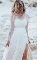 Casual Lace Bateau A Line Tulle Floor-length Wedding Dress with Split Front and Pleats