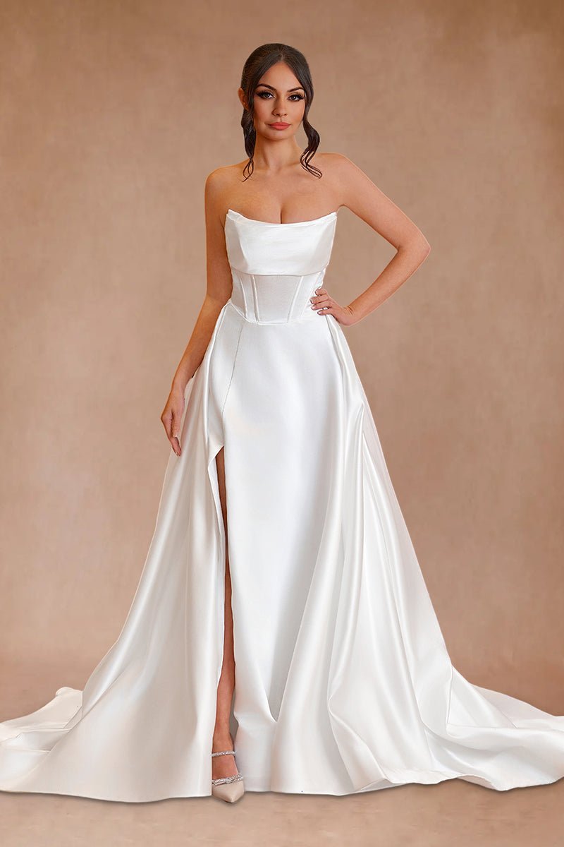 Jane | A-Line Strapless White Satin Wedding Dresses with Slit