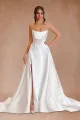 Jane | A-Line Strapless White Satin Wedding Dresses with Slit
