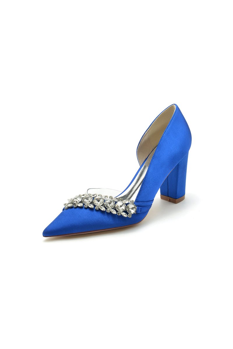 Chic Satin Pointed Toe Slip-on Chunky Heels With Rhinestone
