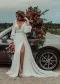 Chiffon A-Line High Slit Beach Long-Sleeve V-Neck Romantic Wedding Dresses(Diamond White,2)