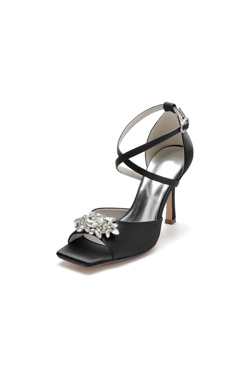 Crystal Buckle Square Open Toe Cross Straps Chunky Heels