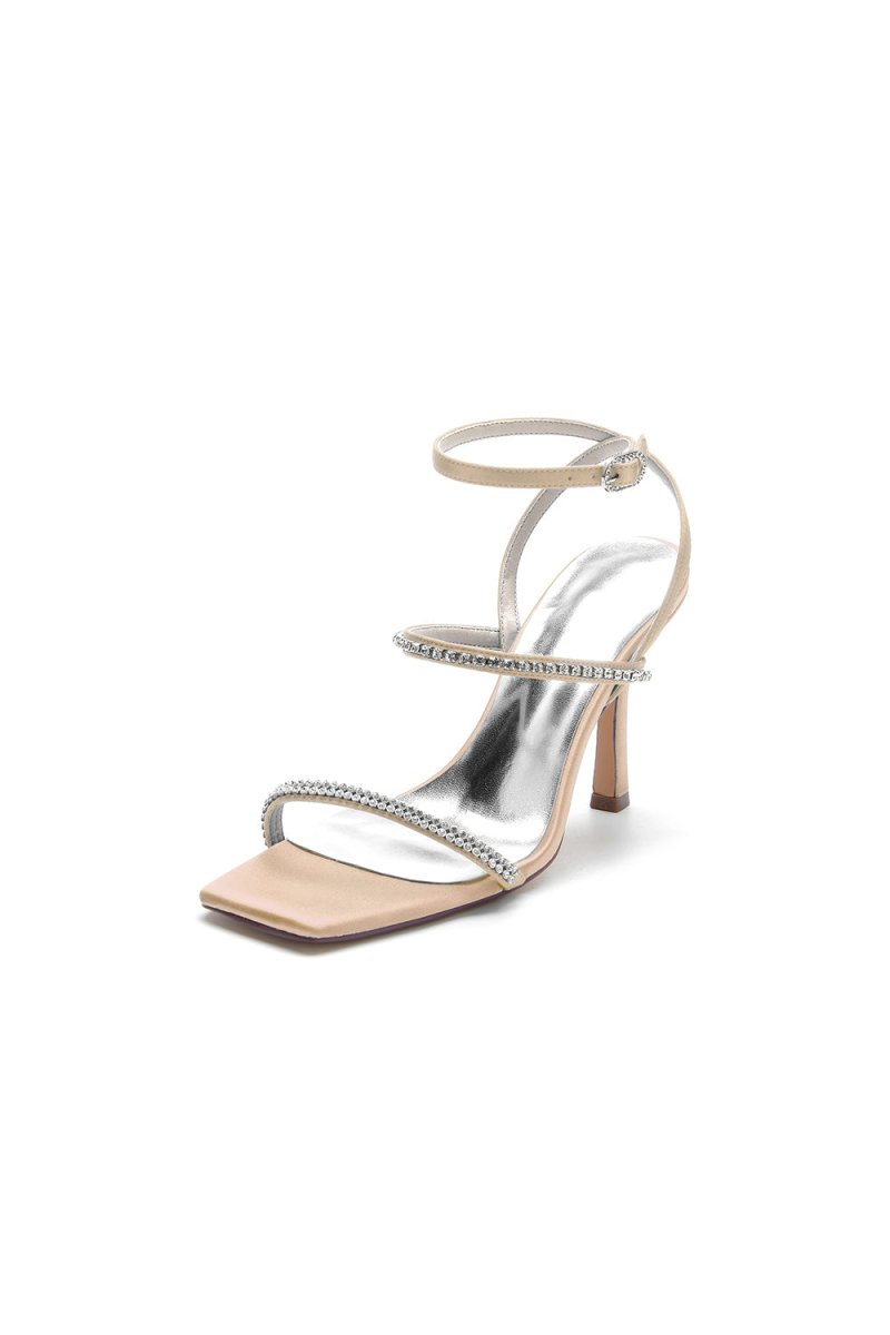 Crystal Cross Straps Square Open Toe Chunky Heels