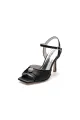 Crystal Flower Square Open Toe Cross Straps Chunky Heels(Black,US6)